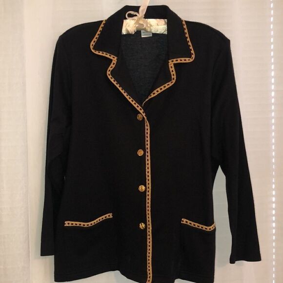 C. D. Petites Sweaters - Vintage MP Black Gold Light Knit Collared Button Front Cardigan Jacket